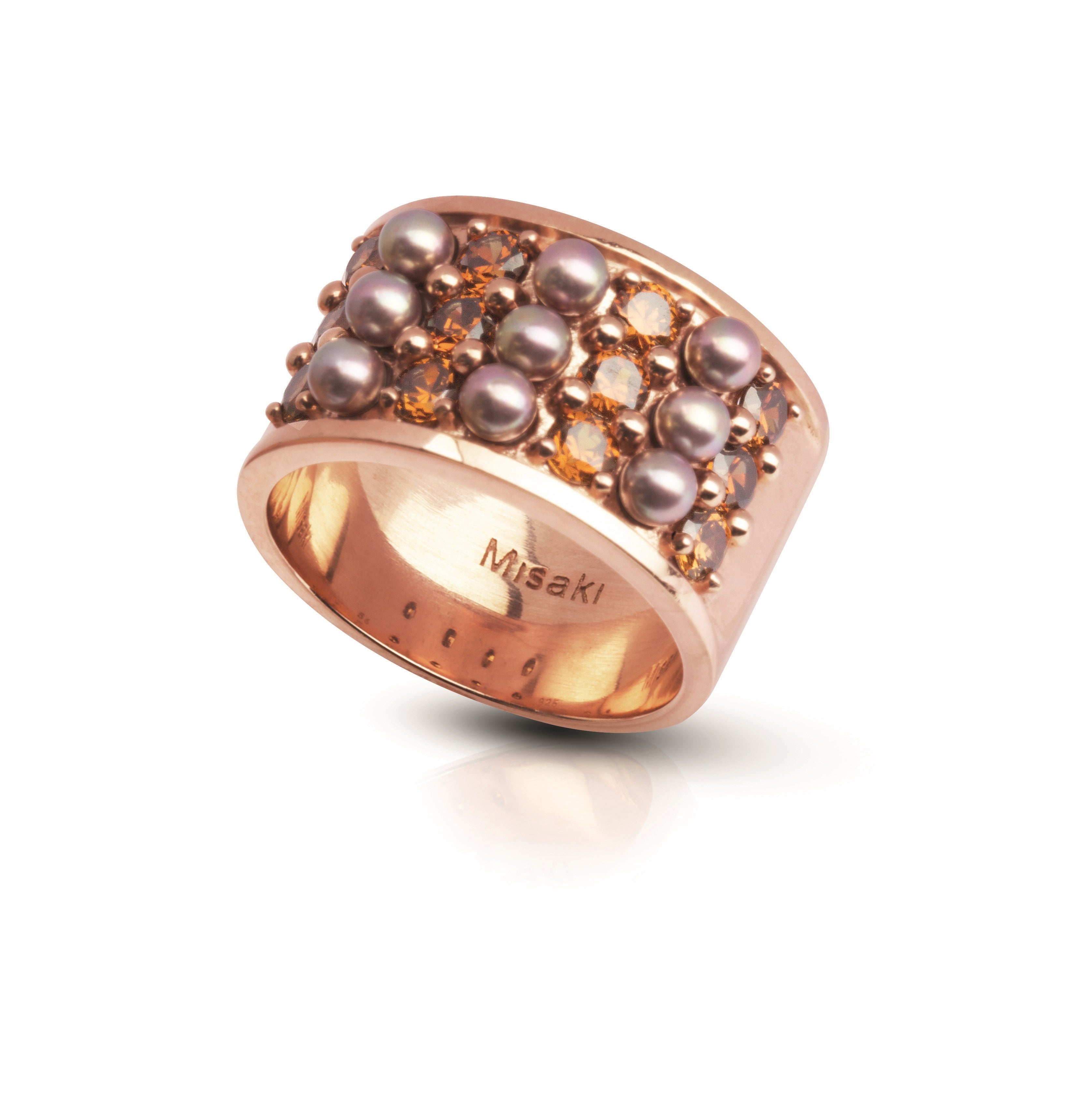 Scene Large Rose Gold Pearl & Crystal Wide Band Ring – Size 56 | IZI
