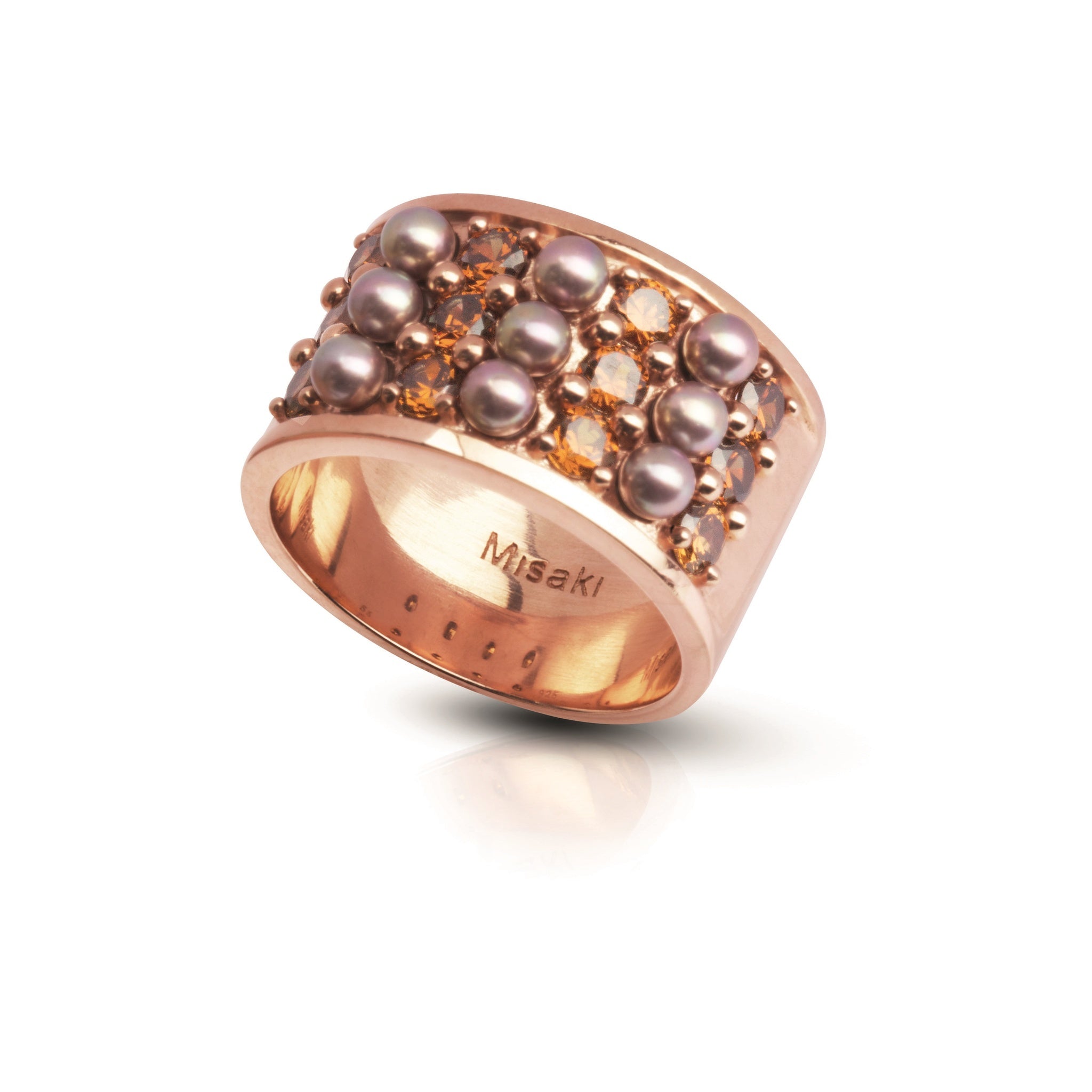 Scene Large Rose Gold Pearl & Crystal Wide Band Ring – Size 56 | IZI