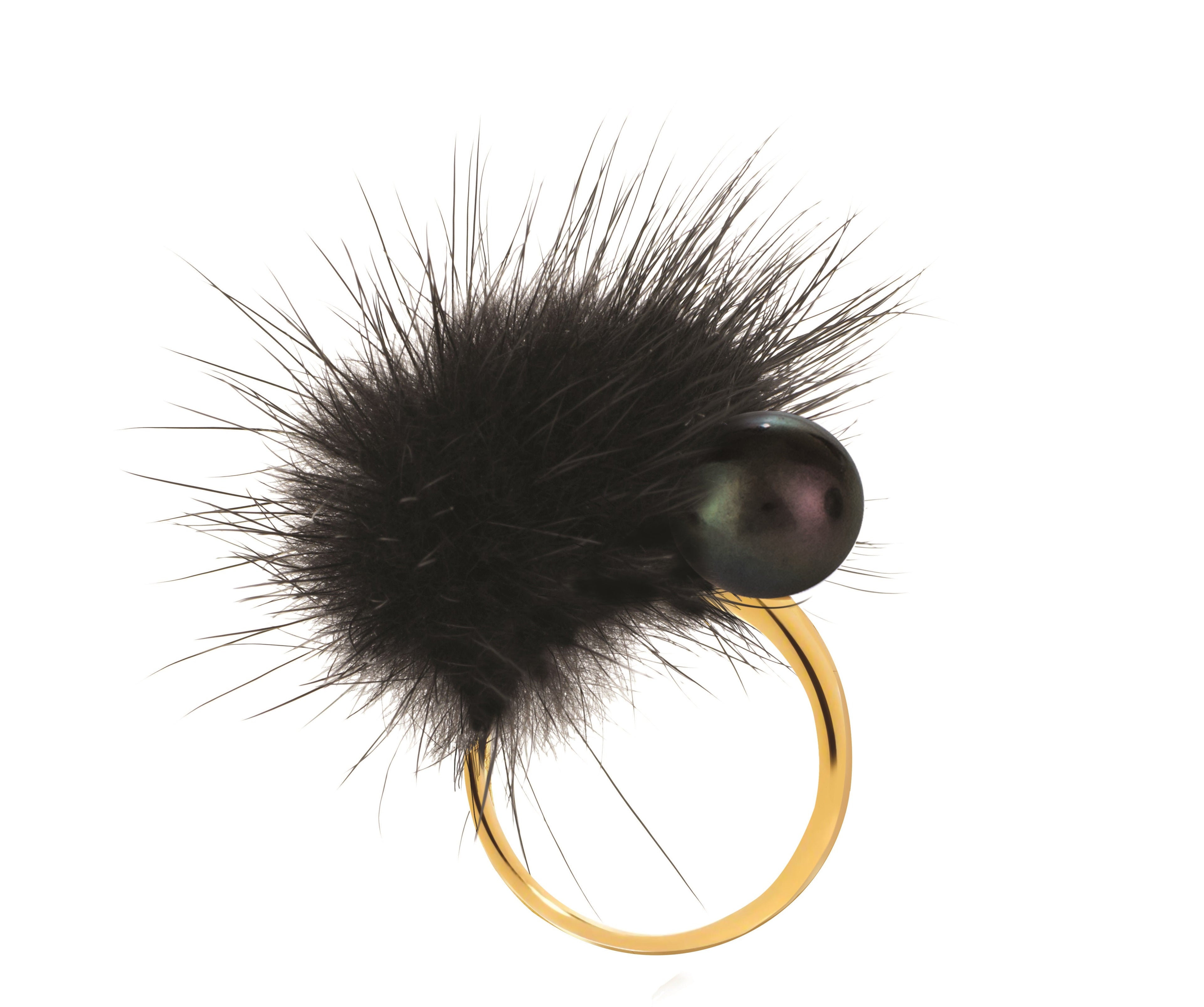 Cheek Black Pompom & Dark Pearl Ring – Gold-Tone Size 56 | IZI
