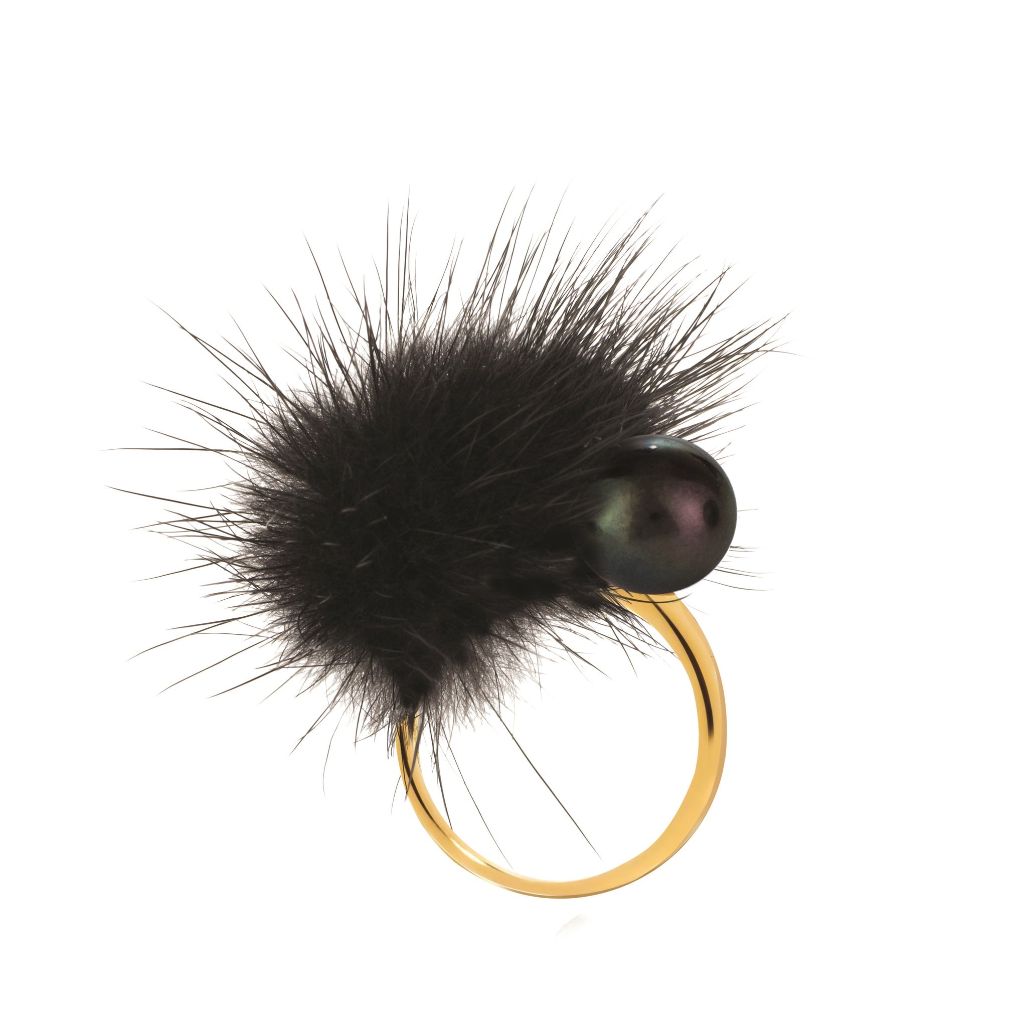 Cheek Black Pompom & Dark Pearl Ring – Gold-Tone Size 56 | IZI