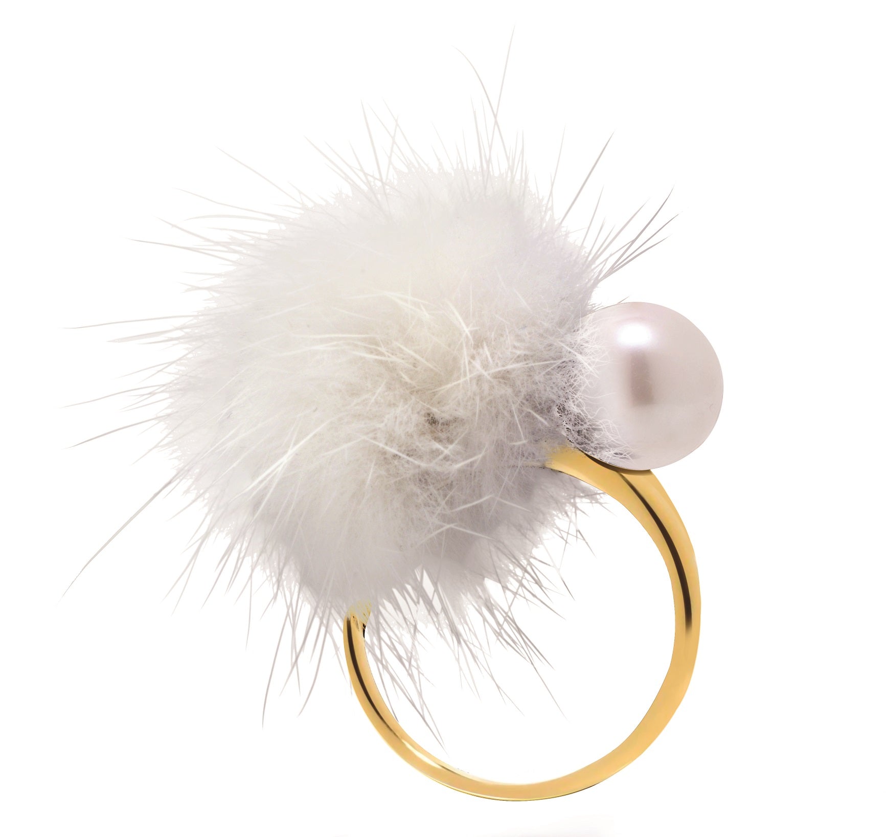 Cheek White Pompom & Pearl Ring – Gold-Tone Size 58 | IZI