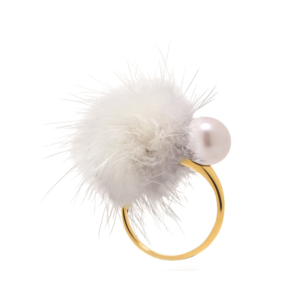 Cheek White Pompom & Pearl Ring – Gold-Tone Size 58 | IZI