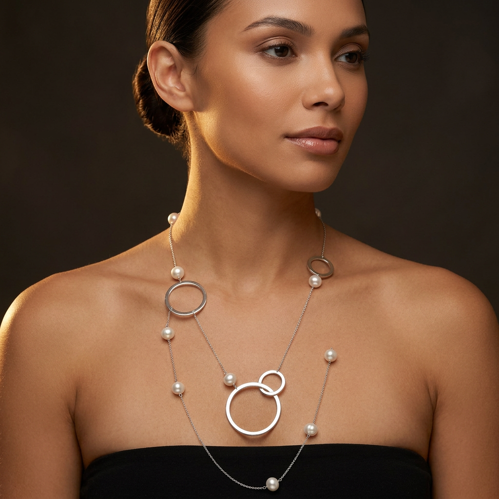 Rythm Silver Long Pearl & Circle Chain Necklace | IZI
