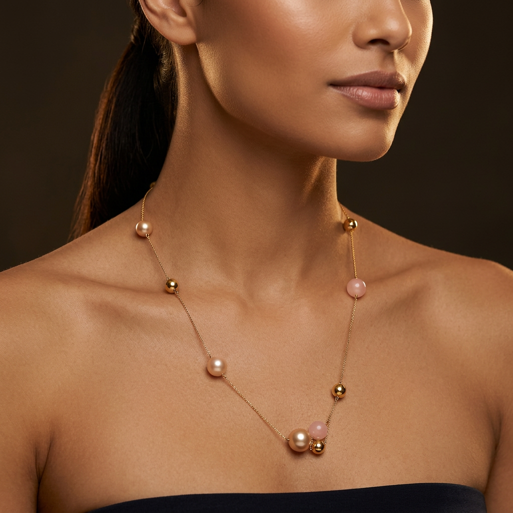 Louise Long Light Pink Pearl & Gold Sphere Station Necklace | IZI