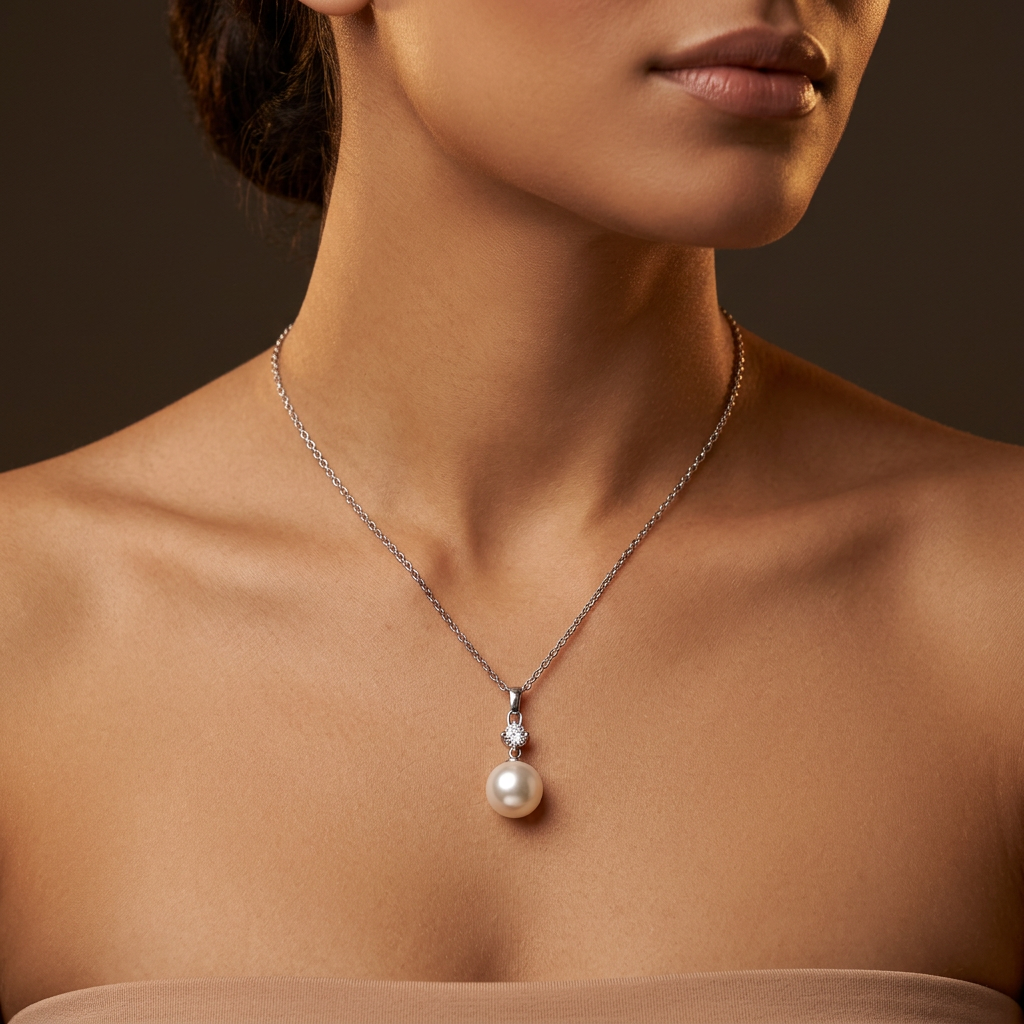 Feel White Pearl & Crystal Pendant Necklace Silver | IZI