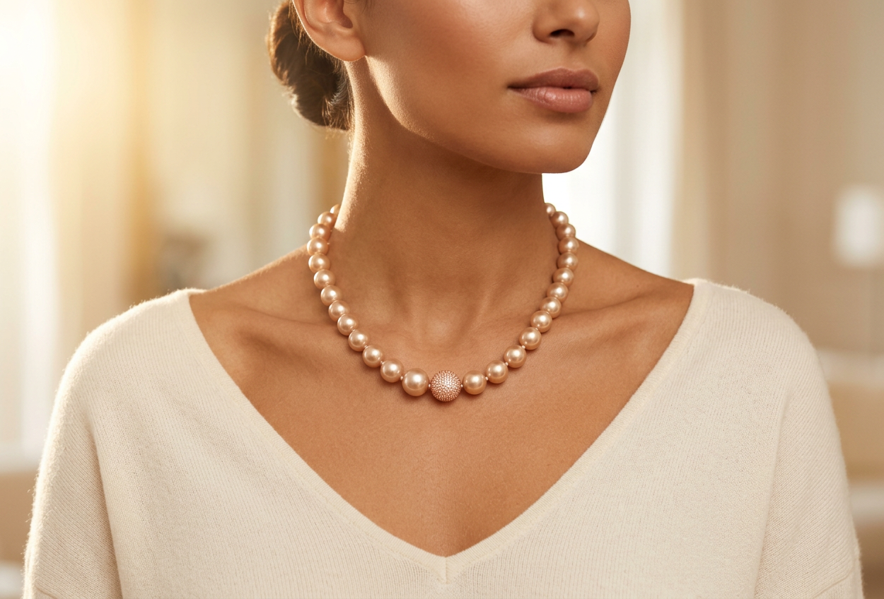 Enjoy Rose Gold Pearl Strand Necklace with Pave Ball | IZI