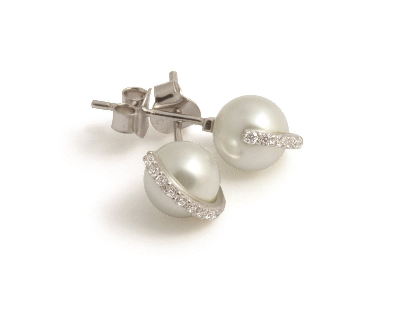 Charleston White Pearl & Diamond Ring Stud Earrings | IZI