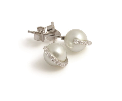 Charleston White Pearl & Diamond Ring Stud Earrings | IZI