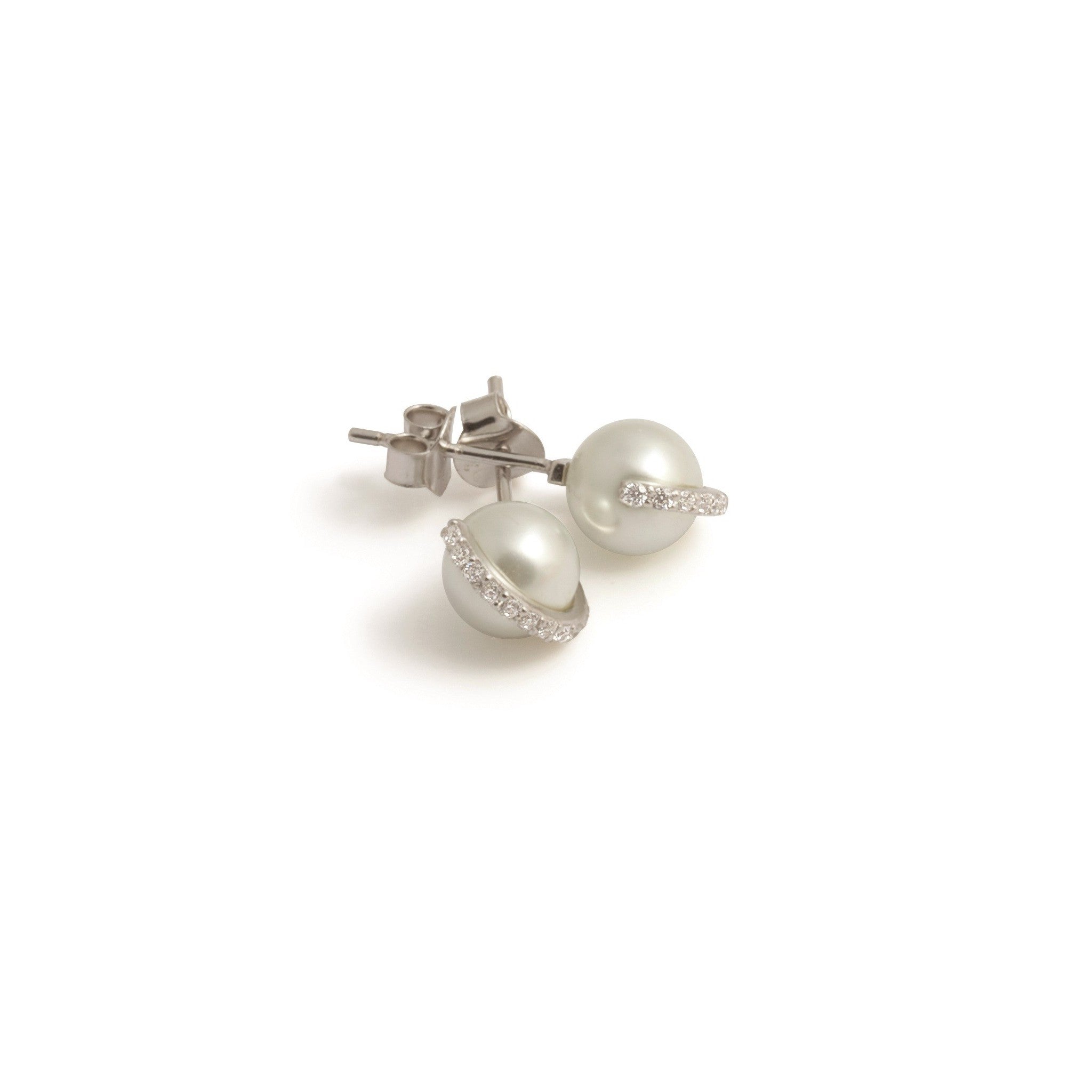 Charleston White Pearl & Diamond Ring Stud Earrings | IZI