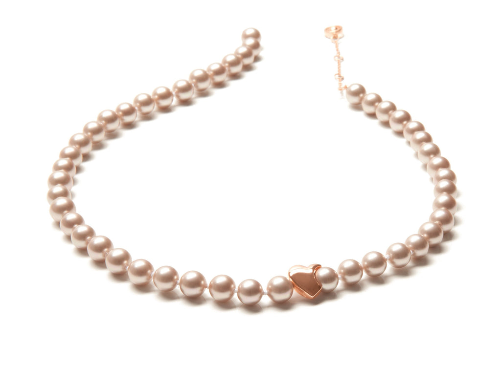 Amour Pink Pearl Strand Necklace with Rose Gold Heart | IZI