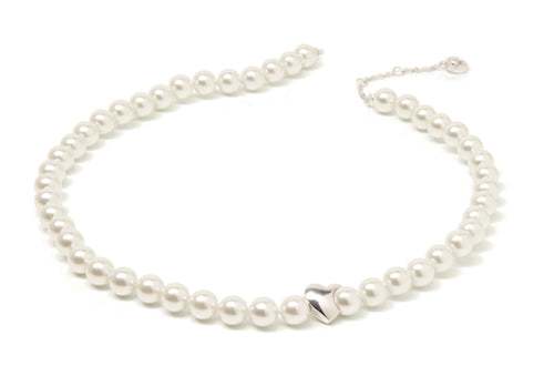Amour White Pearl Strand Necklace with Silver Heart | IZI