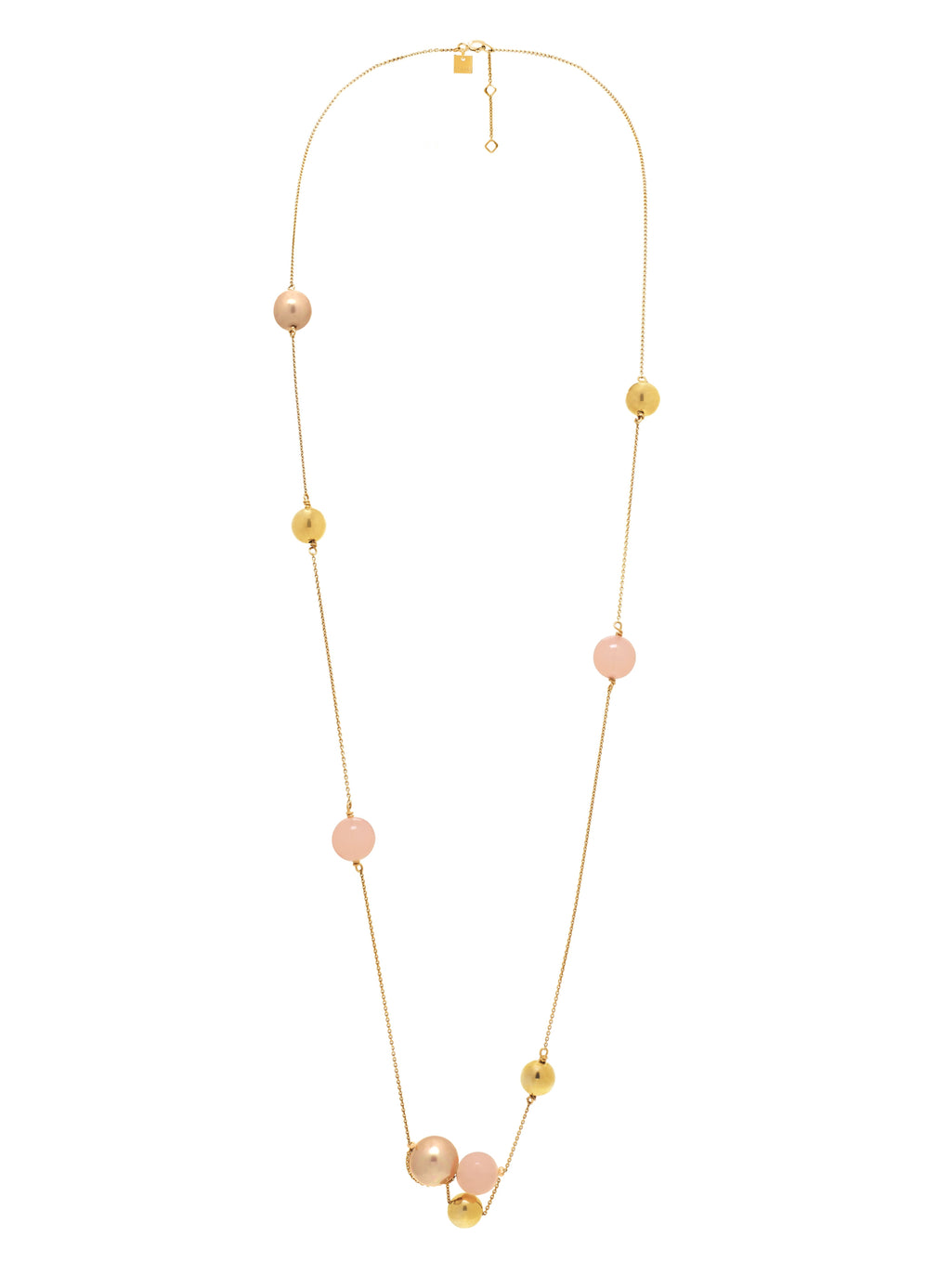 Louise Long Light Pink Pearl & Gold Sphere Station Necklace | IZI