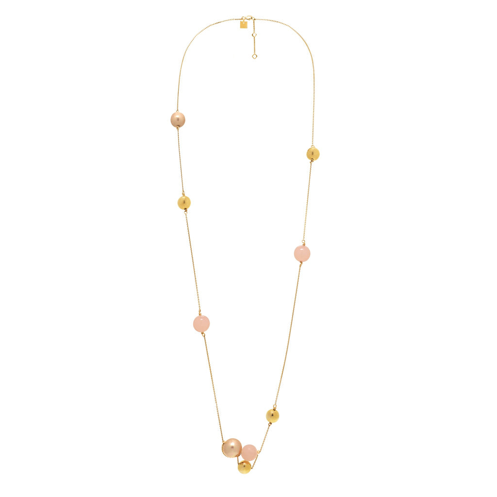 Louise Long Light Pink Pearl & Gold Sphere Station Necklace | IZI