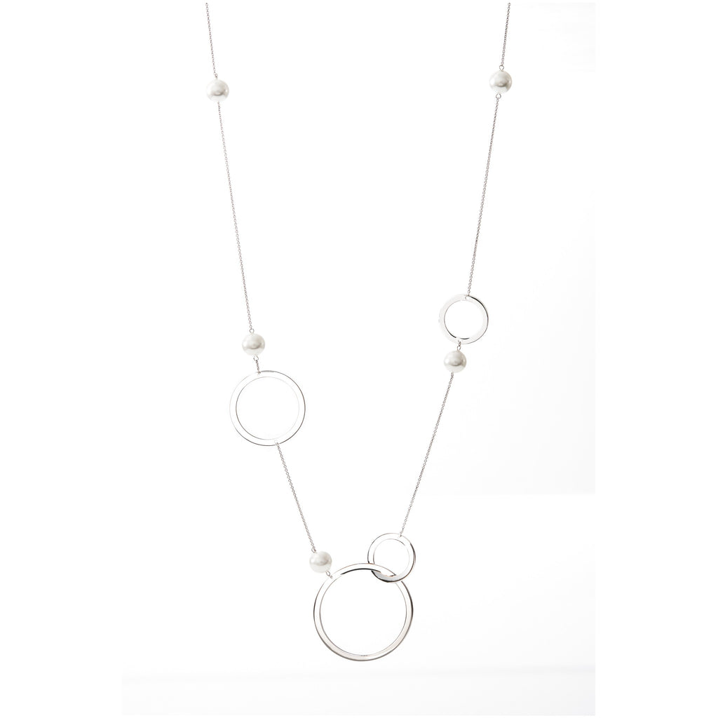 Rythm Silver Long Pearl & Circle Chain Necklace | IZI