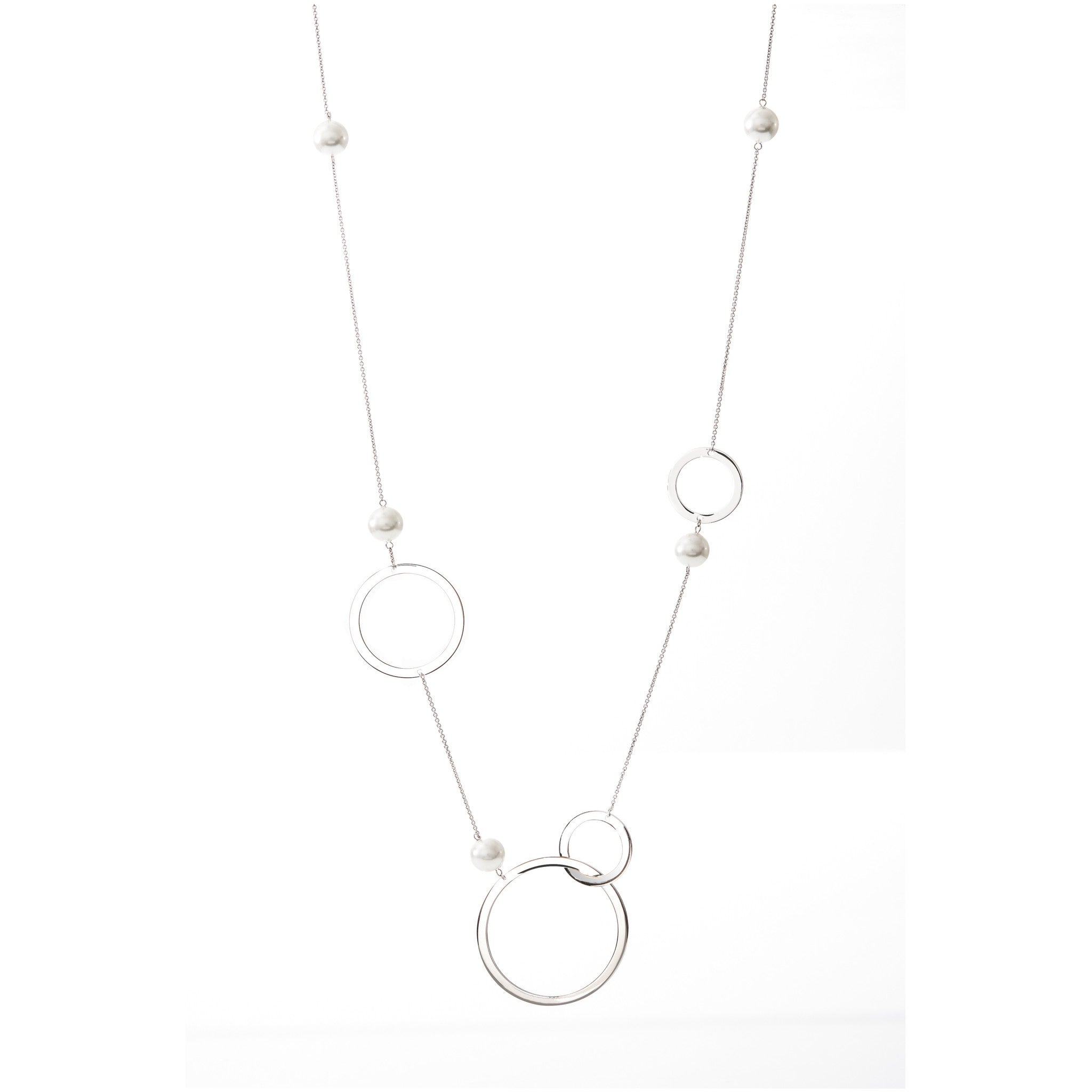 Rythm Silver Long Pearl & Circle Chain Necklace | IZI