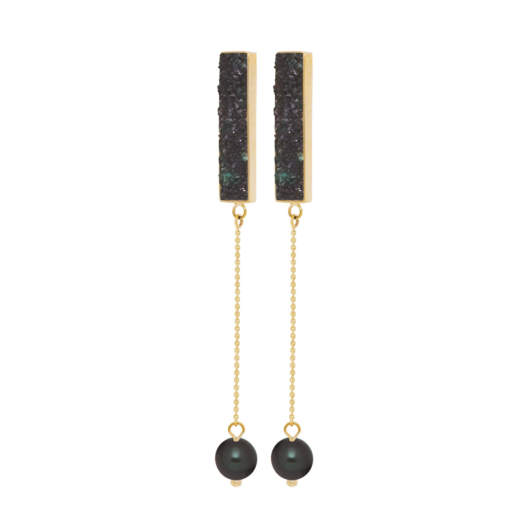 Ginger Black Druzy Bar & Dark Pearl Long Drop Earrings – Gold-Tone | IZI