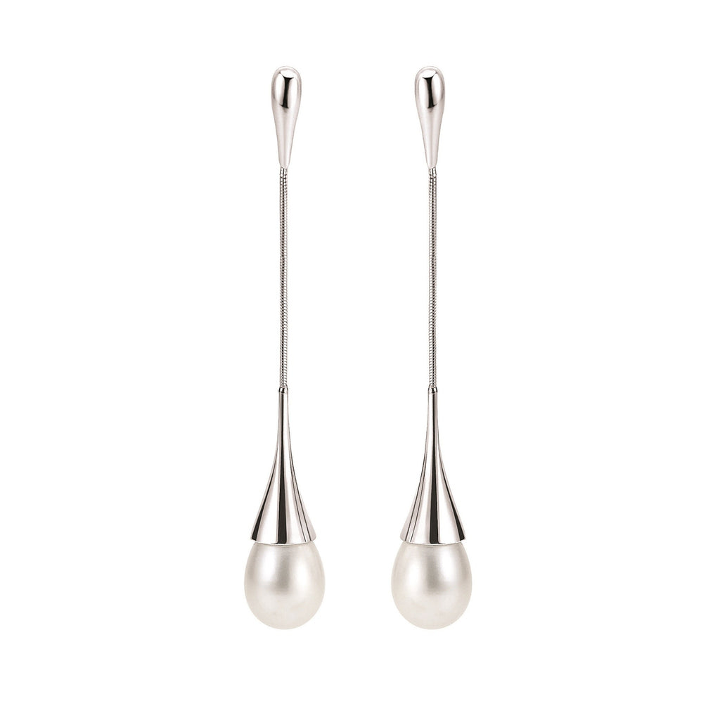 Tear Short White Pearl Snake Chain Drop Earrings – Silver-Tone | IZI