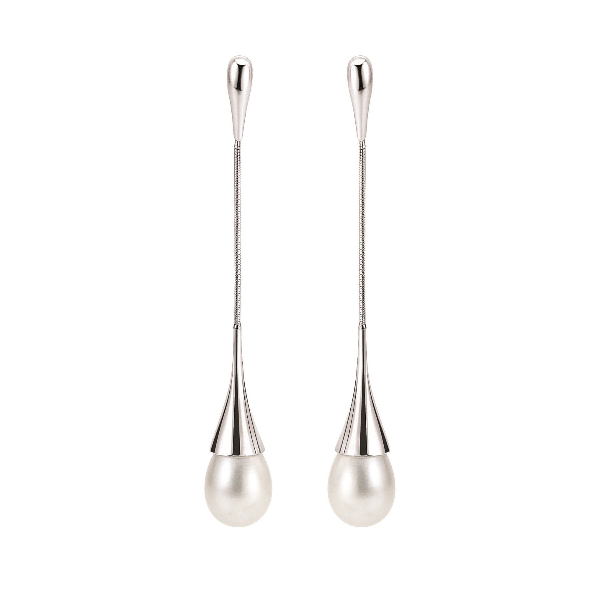 Tear Short White Pearl Snake Chain Drop Earrings – Silver-Tone | IZI